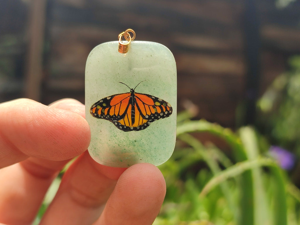 Polished Aventurine Pendant with Hand Painted Butterflies - Sold Per Item - From Zimbabwe - Toprock Gemstones and Minerals 