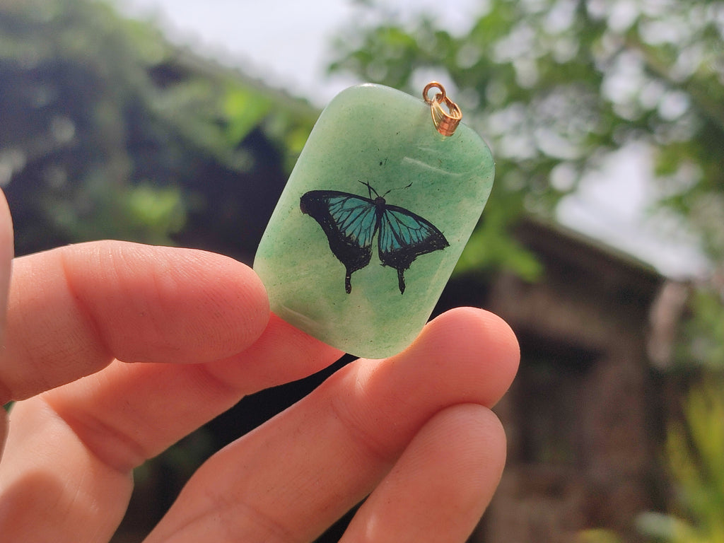 Polished Aventurine Pendant with Hand Painted Butterflies - Sold Per Item - From Zimbabwe - Toprock Gemstones and Minerals 