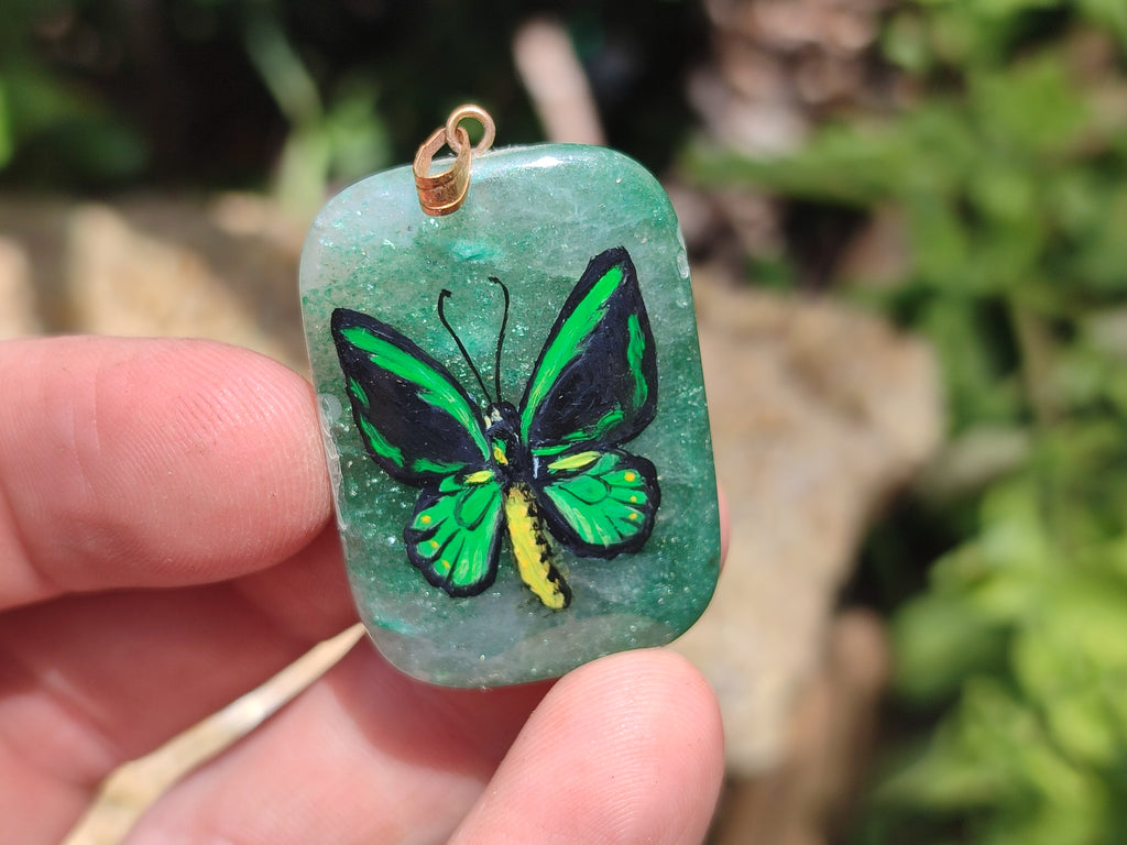 Polished Aventurine Pendant with Hand Painted Butterflies - Sold Per Item - From Zimbabwe - Toprock Gemstones and Minerals 