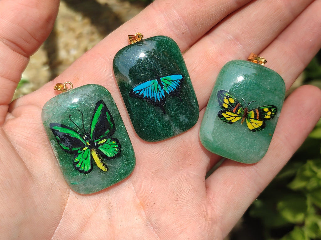 Polished Aventurine Pendant with Hand Painted Butterflies - Sold Per Item - From Zimbabwe - Toprock Gemstones and Minerals 