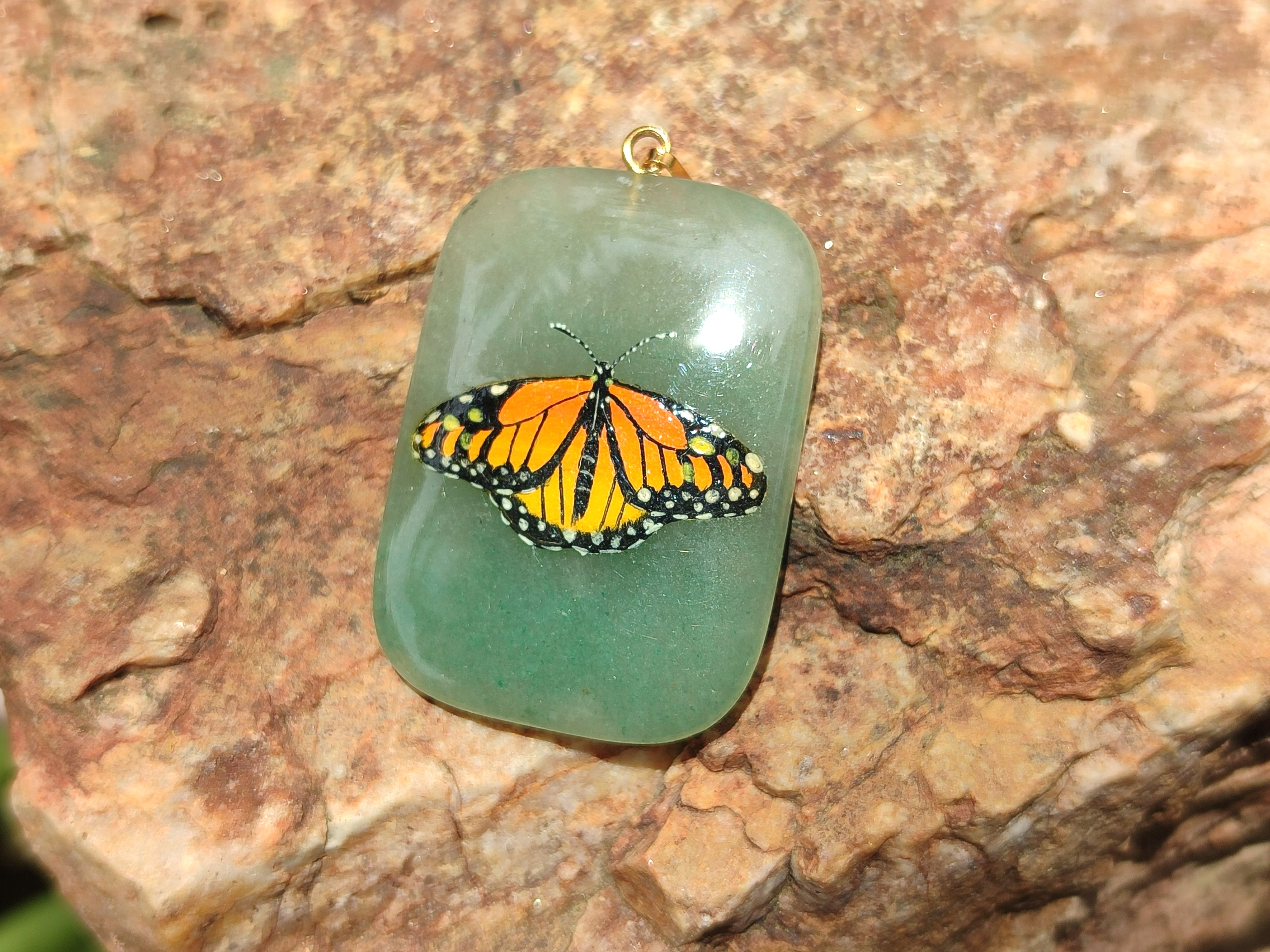 Polished Aventurine Pendant with Hand Painted Butterflies - Sold Per Item - From Zimbabwe - Toprock Gemstones and Minerals 