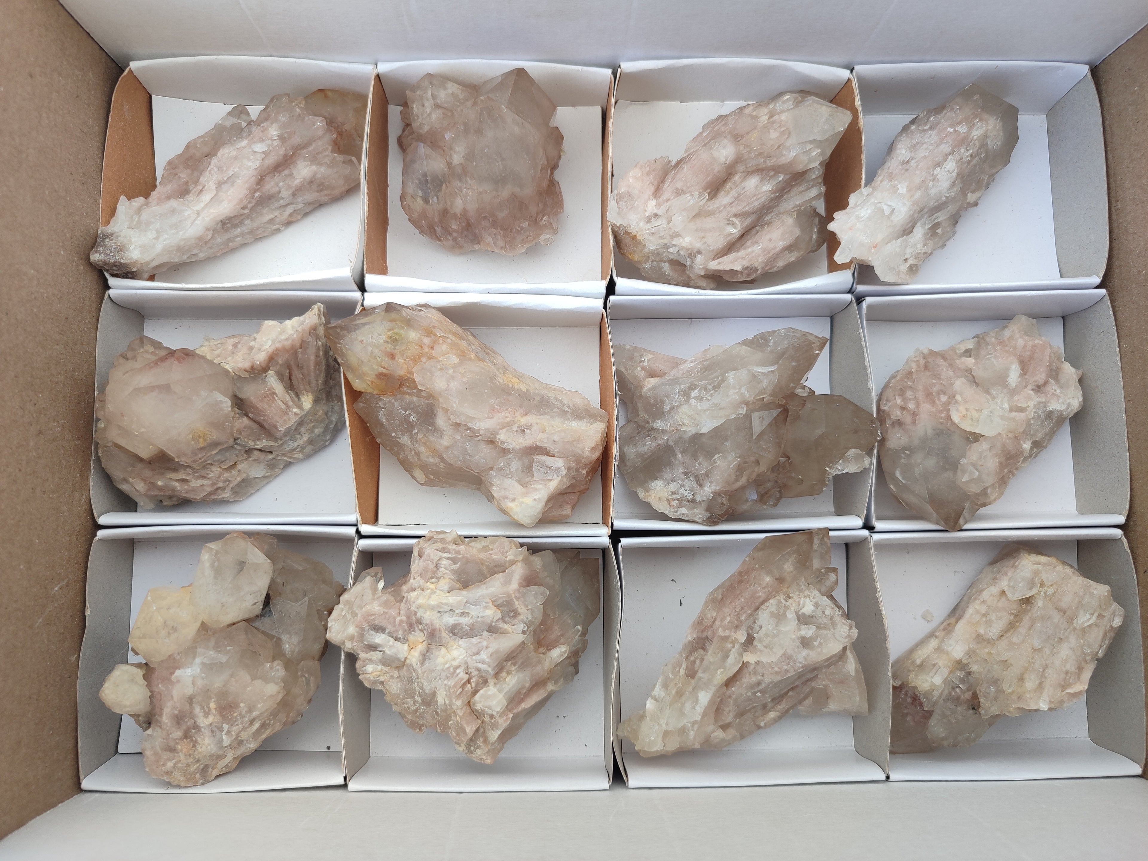 Natural Smokey Phantom Quartz Clusters x 12 From Luena, Congo - Toprock Gemstones and Minerals 