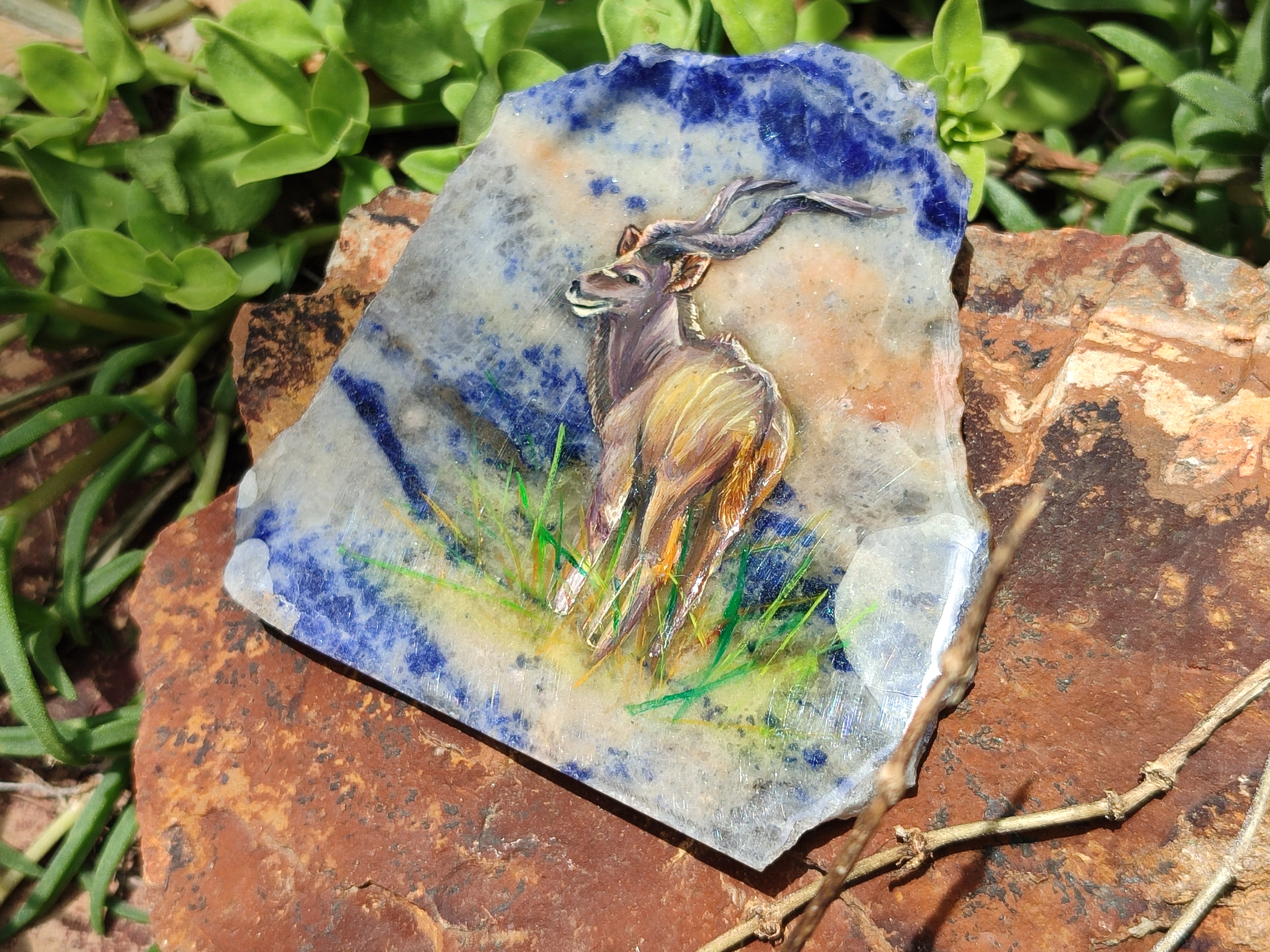 Hand Made Kudu Decoupage on Sodalite Stone Slabs - sold per item - From Namibia - Toprock Gemstones and Minerals 