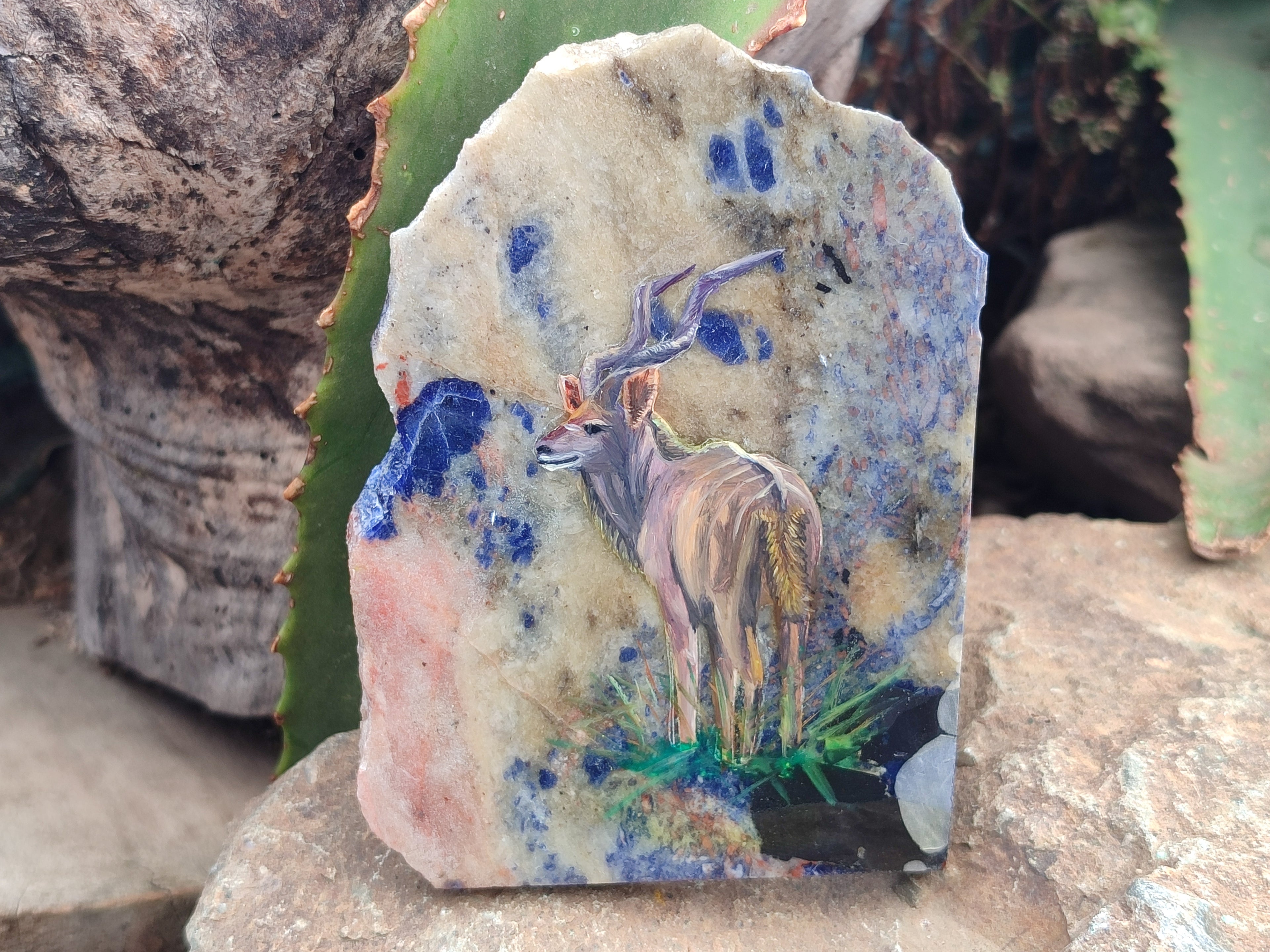 Hand Made Kudu Decoupage on Sodalite Stone Slabs - sold per item - From Namibia - Toprock Gemstones and Minerals 