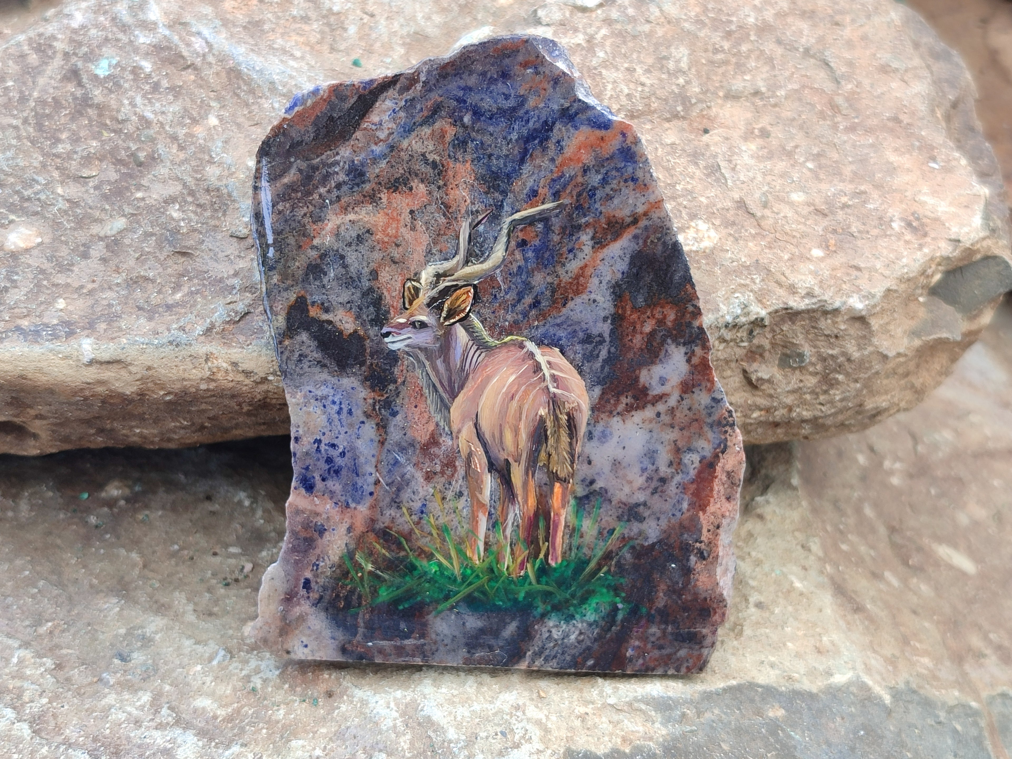 Hand Made Kudu Decoupage on Sodalite Stone Slabs - sold per item - From Namibia - Toprock Gemstones and Minerals 