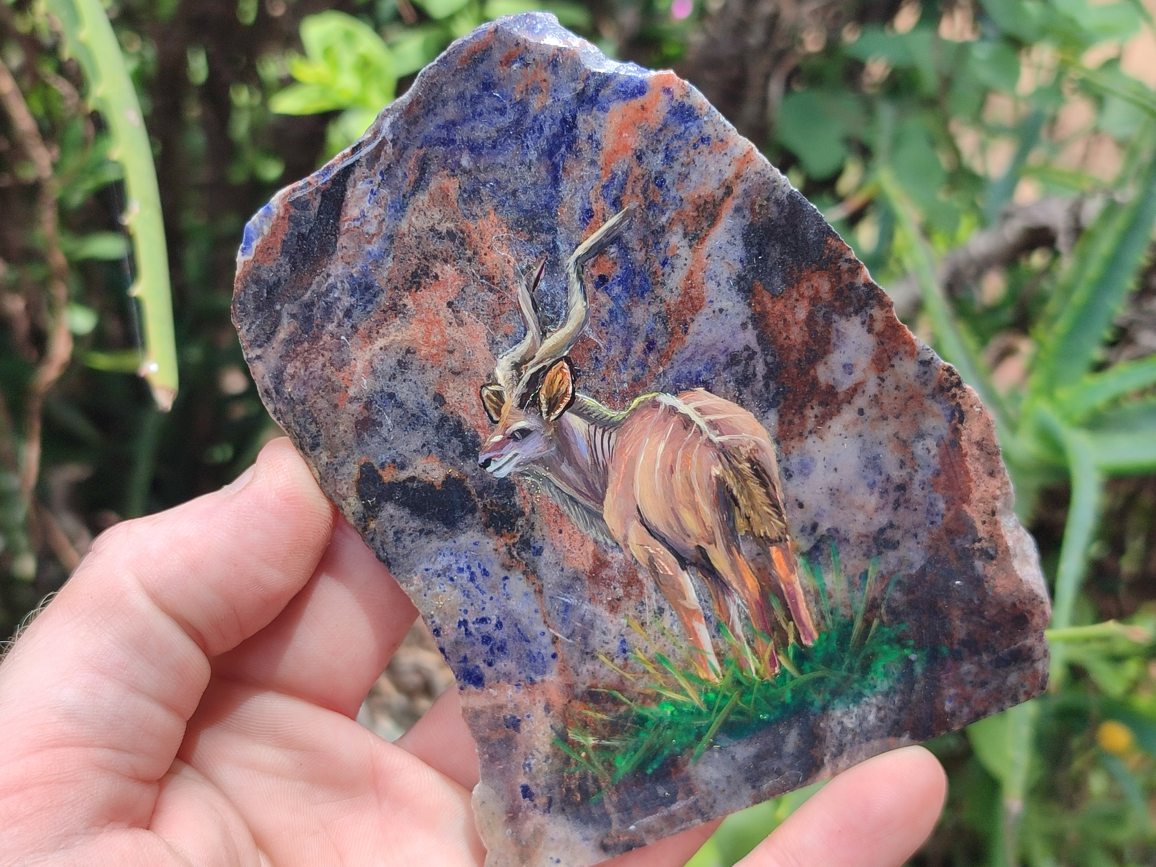Hand Made Kudu Decoupage on Sodalite Stone Slabs - sold per item - From Namibia - Toprock Gemstones and Minerals 