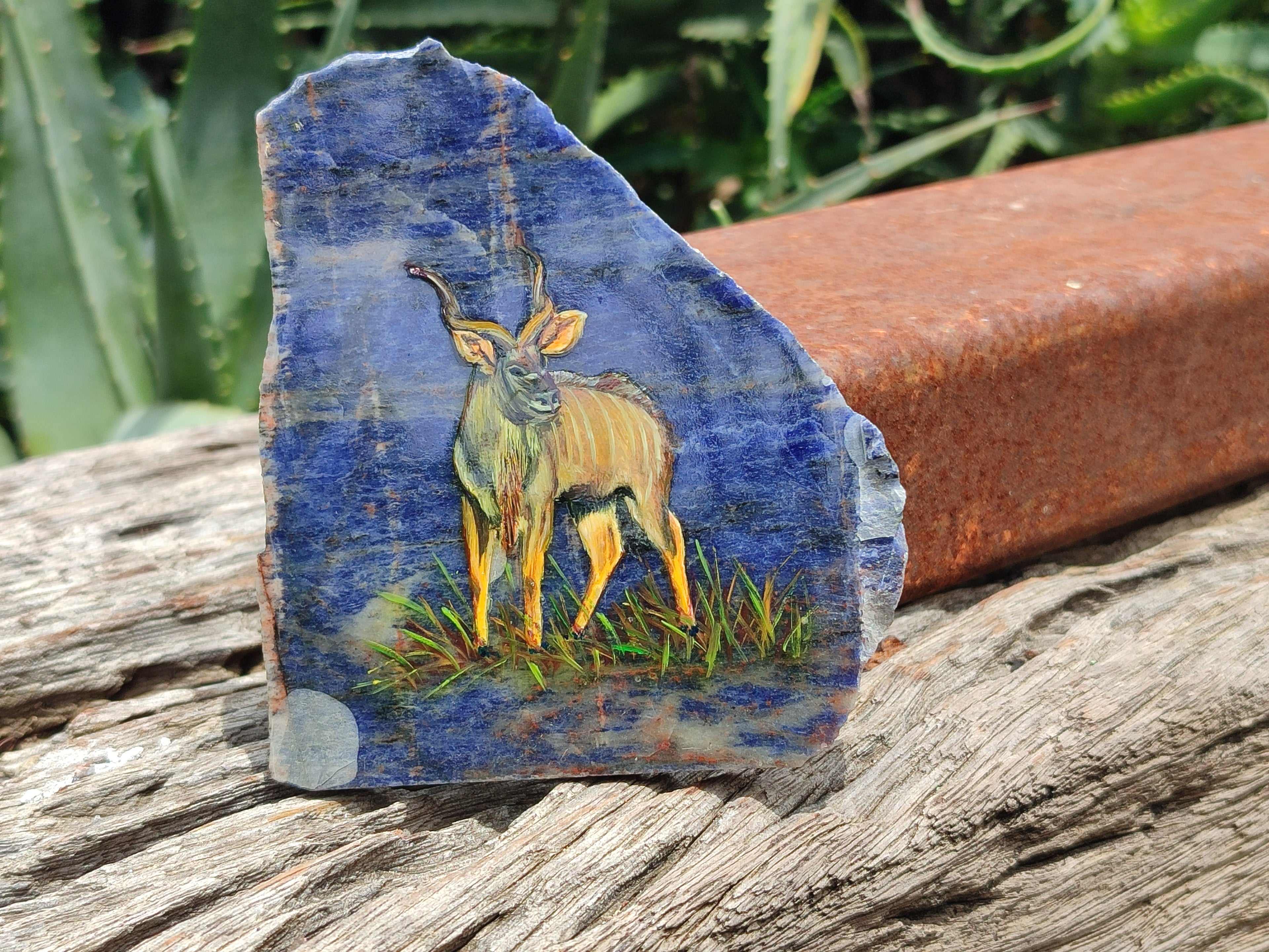 Hand Made Kudu Decoupage on Sodalite Stone Slabs - sold per item - From Namibia - Toprock Gemstones and Minerals 