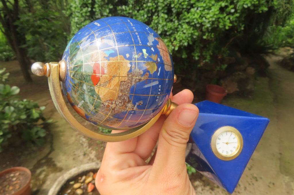 Hand Made Lapis Lazuli World Globe Clock x 1 From China - Toprock Gemstones and Minerals 
