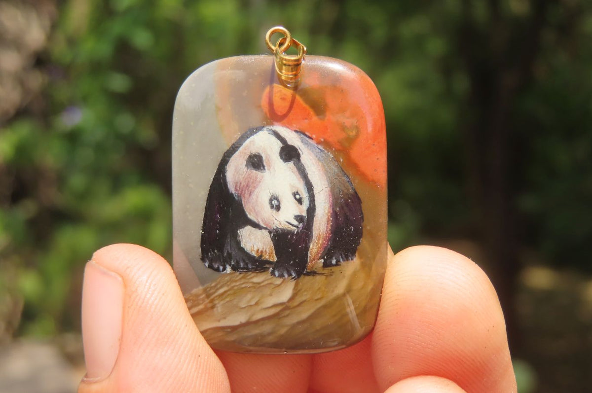 Polished Polychrome Jasper Pendant with Hand Painted Panda - sold per item - From Madagascar - Toprock Gemstones and Minerals 