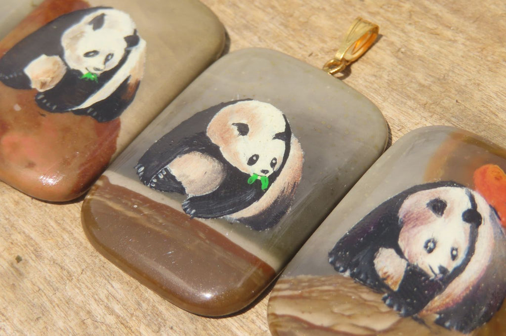 Polished Polychrome Jasper Pendant with Hand Painted Panda - sold per item - From Madagascar - Toprock Gemstones and Minerals 
