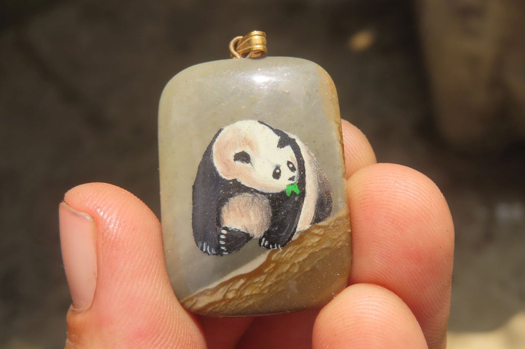 Polished Polychrome Jasper Pendant with Hand Painted Panda - sold per item - From Madagascar - Toprock Gemstones and Minerals 