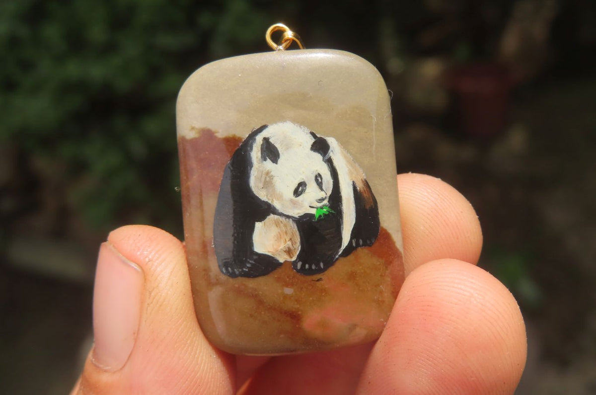 Polished Polychrome Jasper Pendant with Hand Painted Panda - sold per item - From Madagascar - Toprock Gemstones and Minerals 