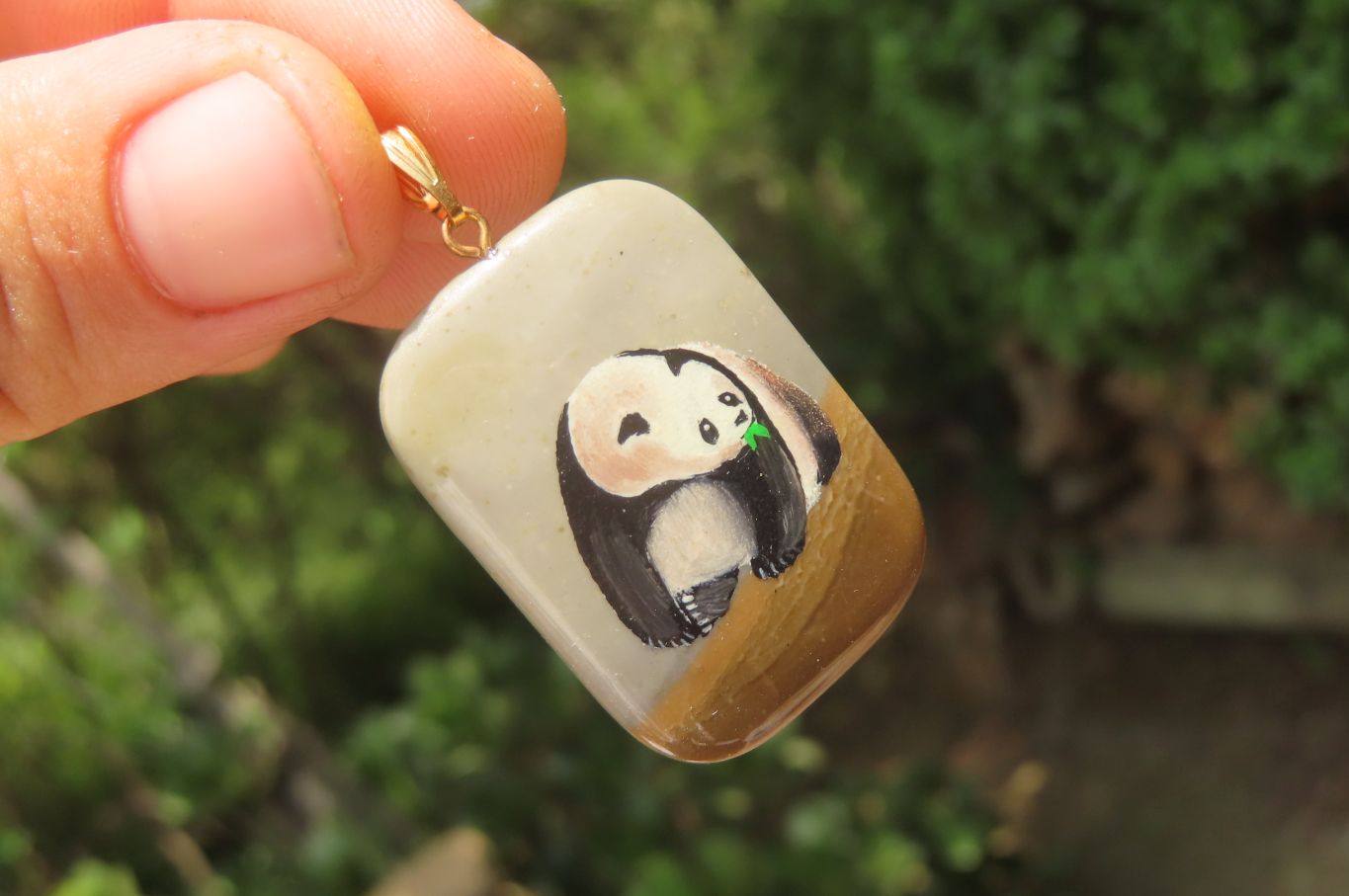 Polished Polychrome Jasper Pendant with Hand Painted Panda - sold per item - From Madagascar - Toprock Gemstones and Minerals 