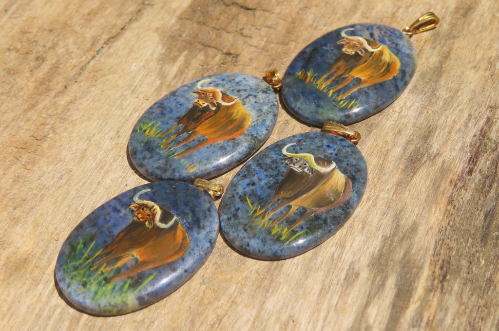 Polished Dumortierite Pendants with Hand Painted Buffalo - sold per item - From Mozambique - Toprock Gemstones and Minerals 