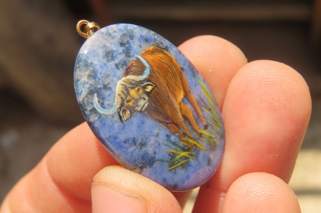 Polished Dumortierite Pendants with Hand Painted Buffalo - sold per item - From Mozambique - Toprock Gemstones and Minerals 
