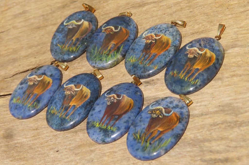 Polished Dumortierite Pendants with Hand Painted Buffalo - sold per item - From Mozambique - Toprock Gemstones and Minerals 