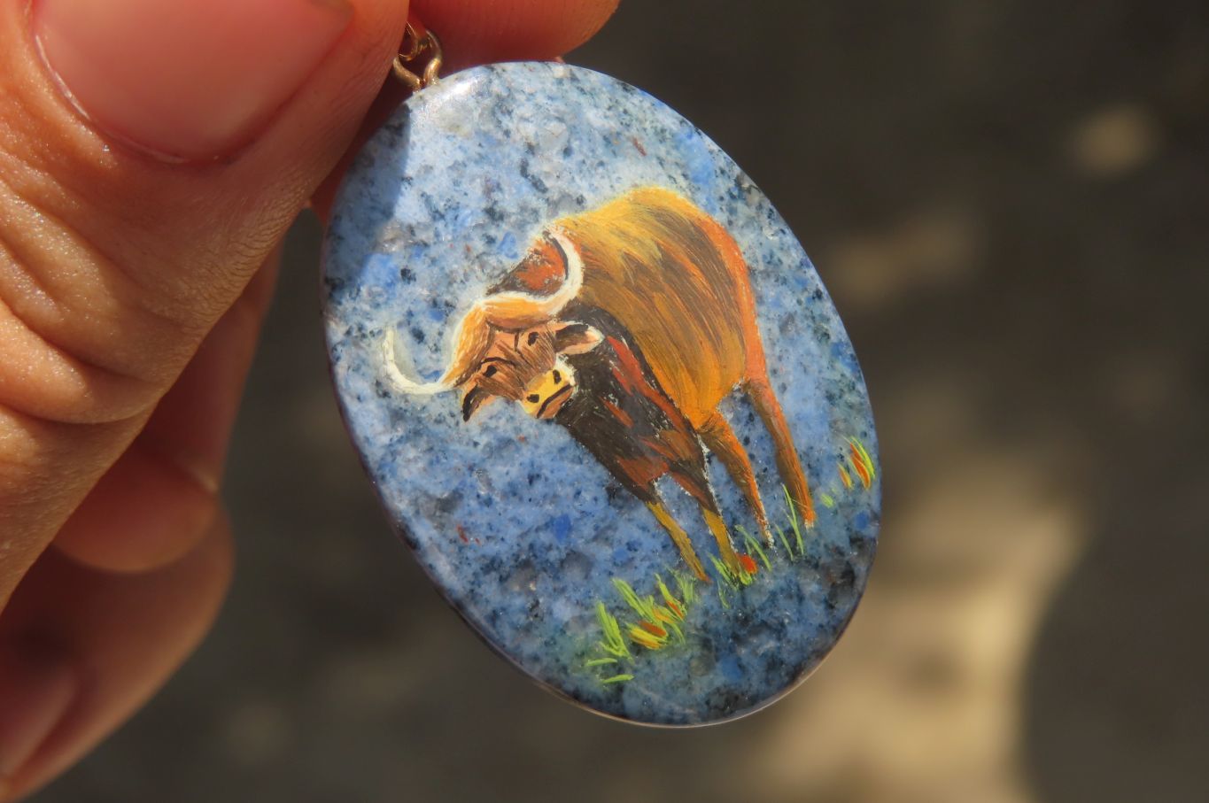 Polished Dumortierite Pendants with Hand Painted Buffalo - sold per item - From Mozambique - Toprock Gemstones and Minerals 