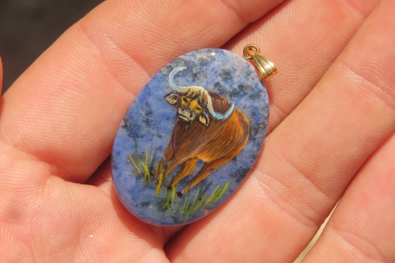 Polished Dumortierite Pendants with Hand Painted Buffalo - sold per item - From Mozambique - Toprock Gemstones and Minerals 