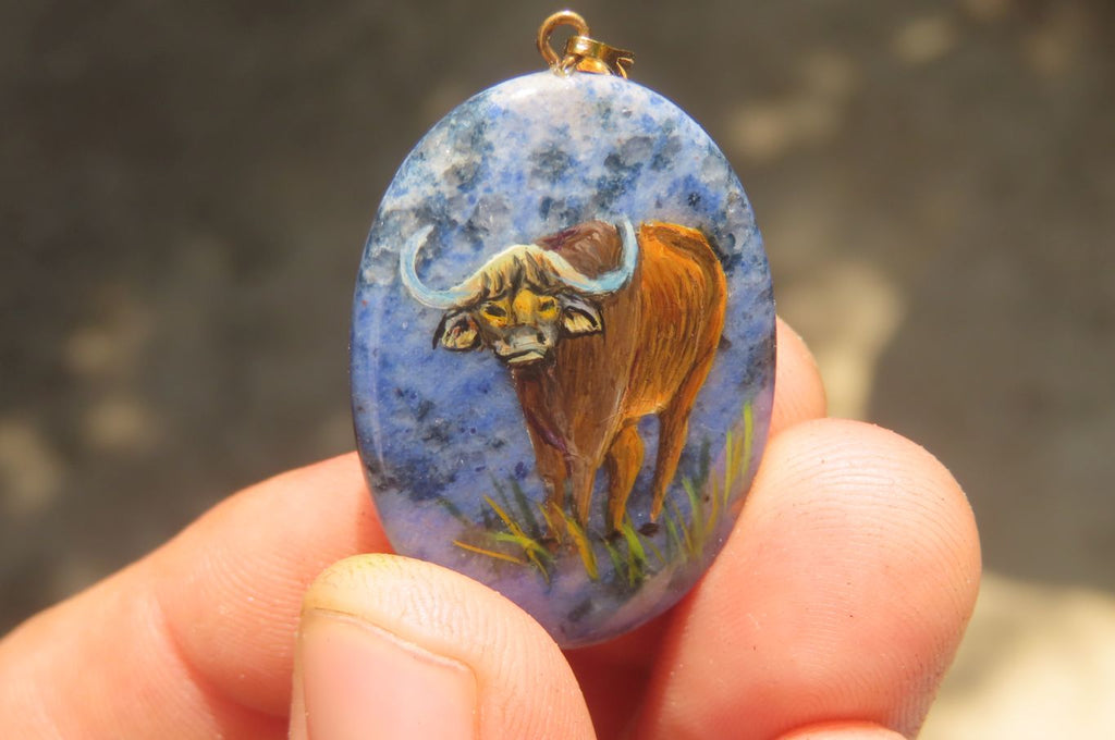 Polished Dumortierite Pendants with Hand Painted Buffalo - sold per item - From Mozambique - Toprock Gemstones and Minerals 