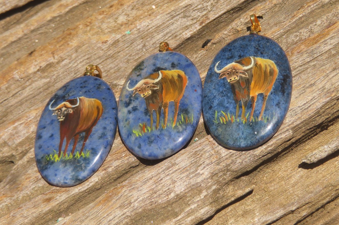 Polished Dumortierite Pendants with Hand Painted Buffalo - sold per item - From Mozambique - Toprock Gemstones and Minerals 