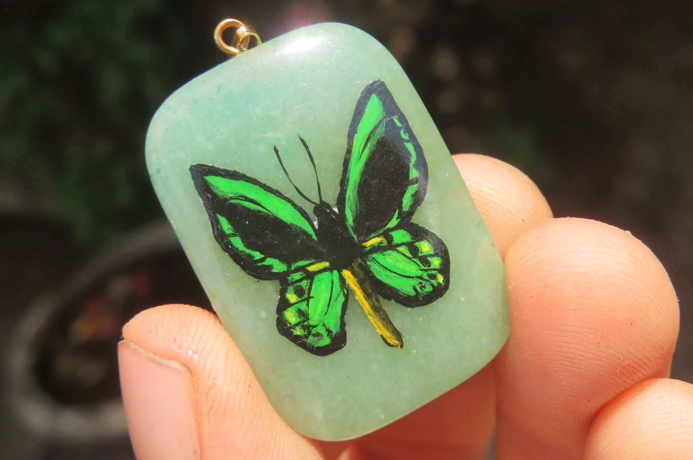 Polished Aventurine Pendant with Hand Painted Butterflies - Sold Per Item - From Zimbabwe - Toprock Gemstones and Minerals 