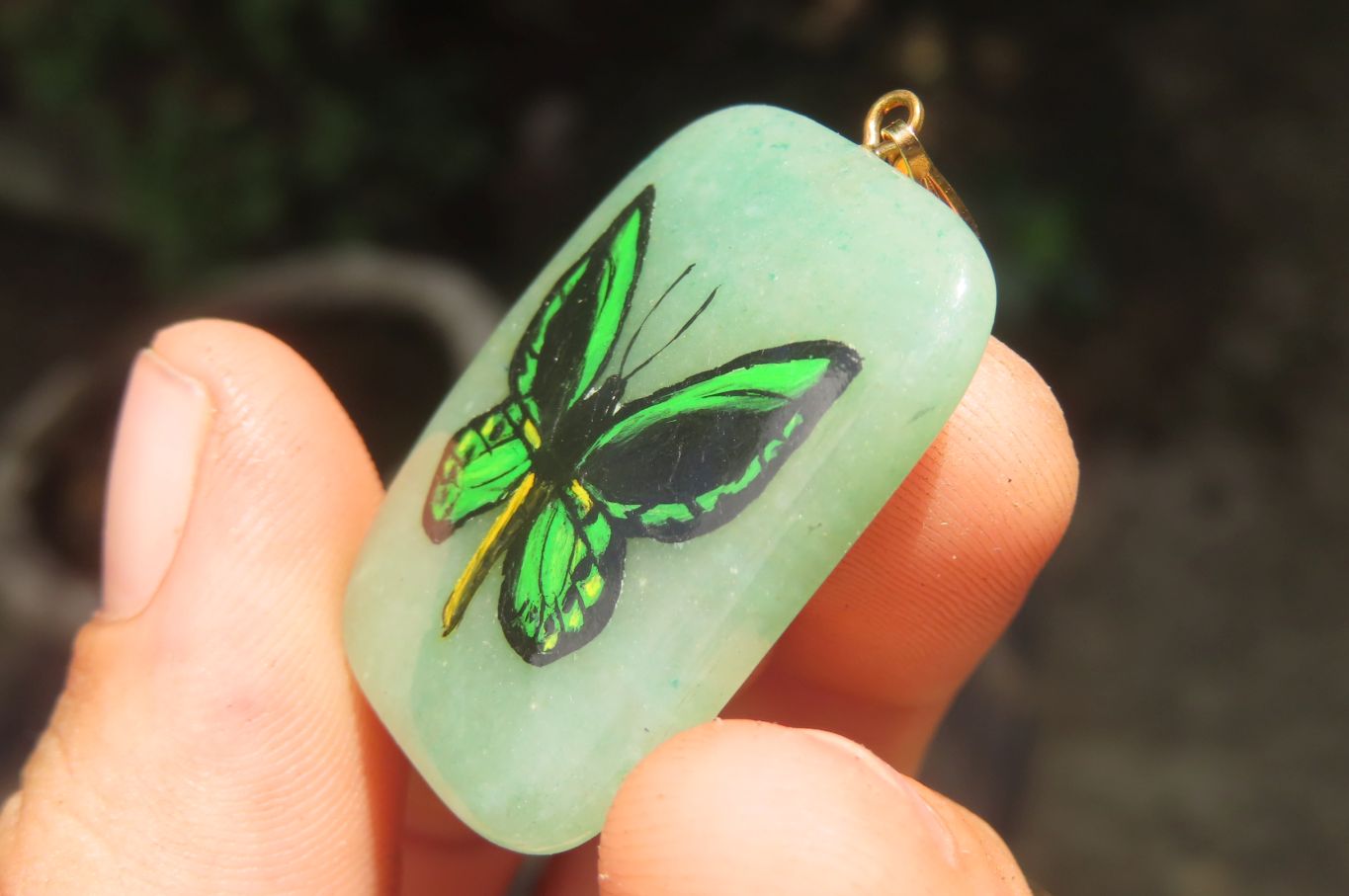Polished Aventurine Pendant with Hand Painted Butterflies - Sold Per Item - From Zimbabwe - Toprock Gemstones and Minerals 