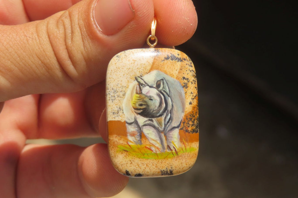 Polished Picture Stone Pendant with Hand Painted Rhinos - Sold Per Item - From Namibia - Toprock Gemstones and Minerals 