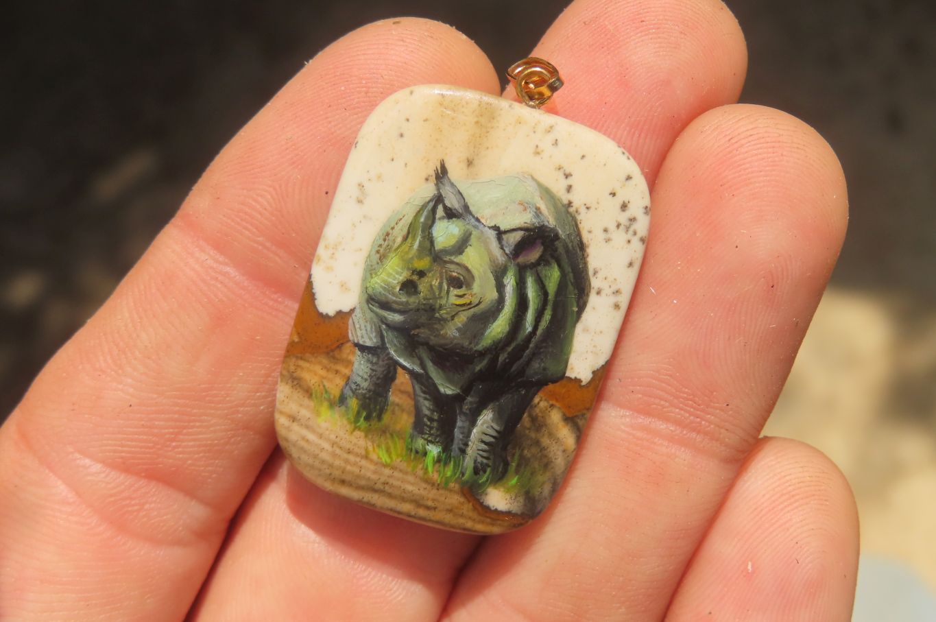 Polished Picture Stone Pendant with Hand Painted Rhinos - Sold Per Item - From Namibia - Toprock Gemstones and Minerals 