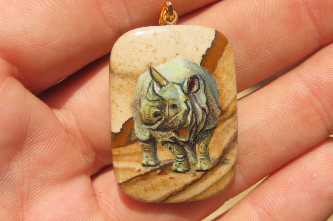 Polished Picture Stone Pendant with Hand Painted Rhinos - Sold Per Item - From Namibia - Toprock Gemstones and Minerals 