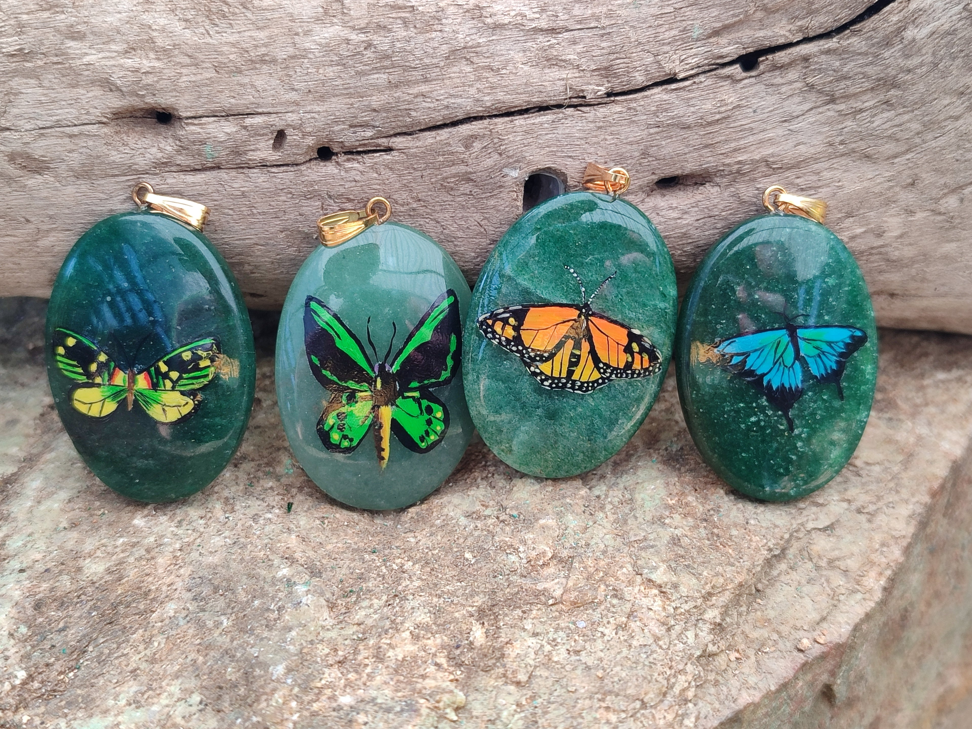 Polished Aventurine Pendant with Hand Painted Butterflies - Sold Per Item - From Zimbabwe - Toprock Gemstones and Minerals 