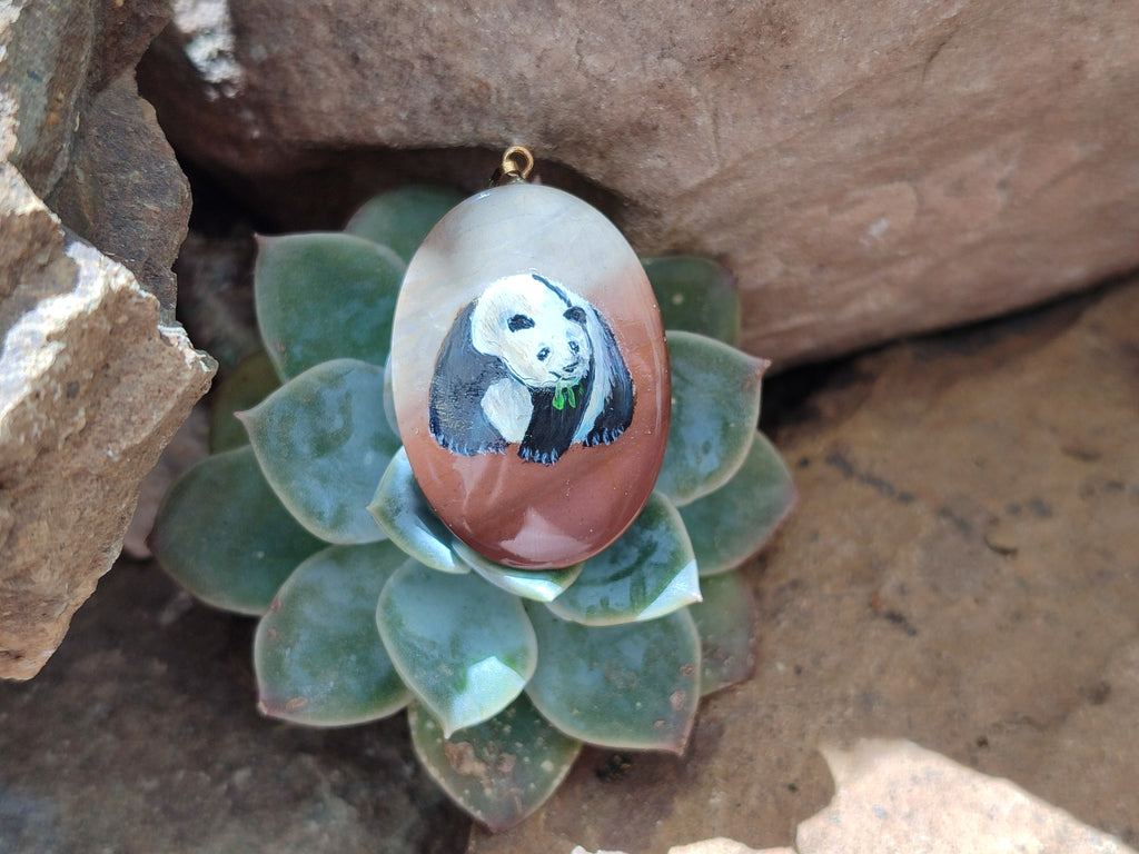 Polished Polychrome Jasper Pendant with Hand Painted Panda - sold per item - From Madagascar - Toprock Gemstones and Minerals 