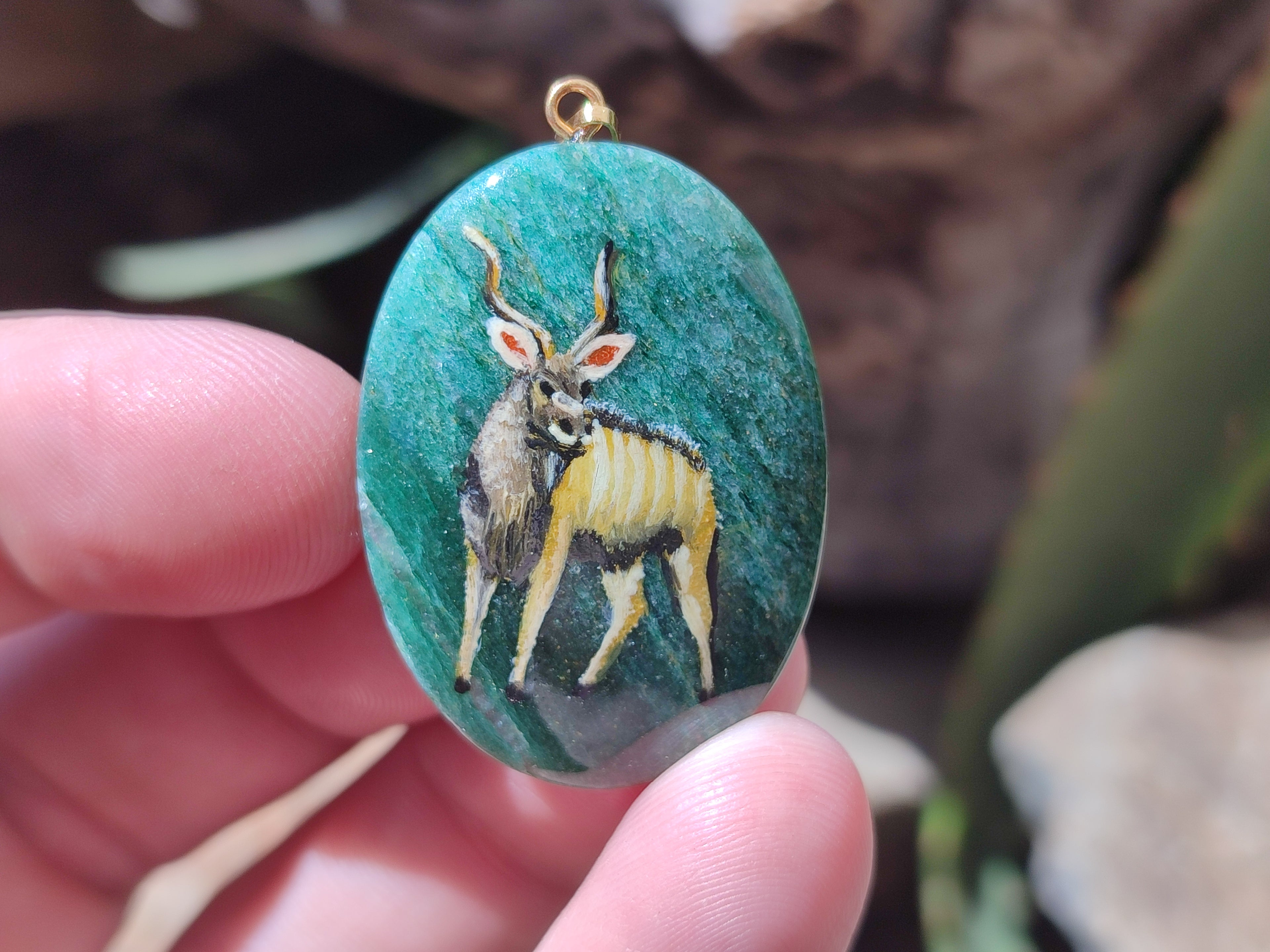 Polished Aventurine Pendant with Hand Painted Kudu - Sold Per Item - From Zimbabwe - Toprock Gemstones and Minerals 