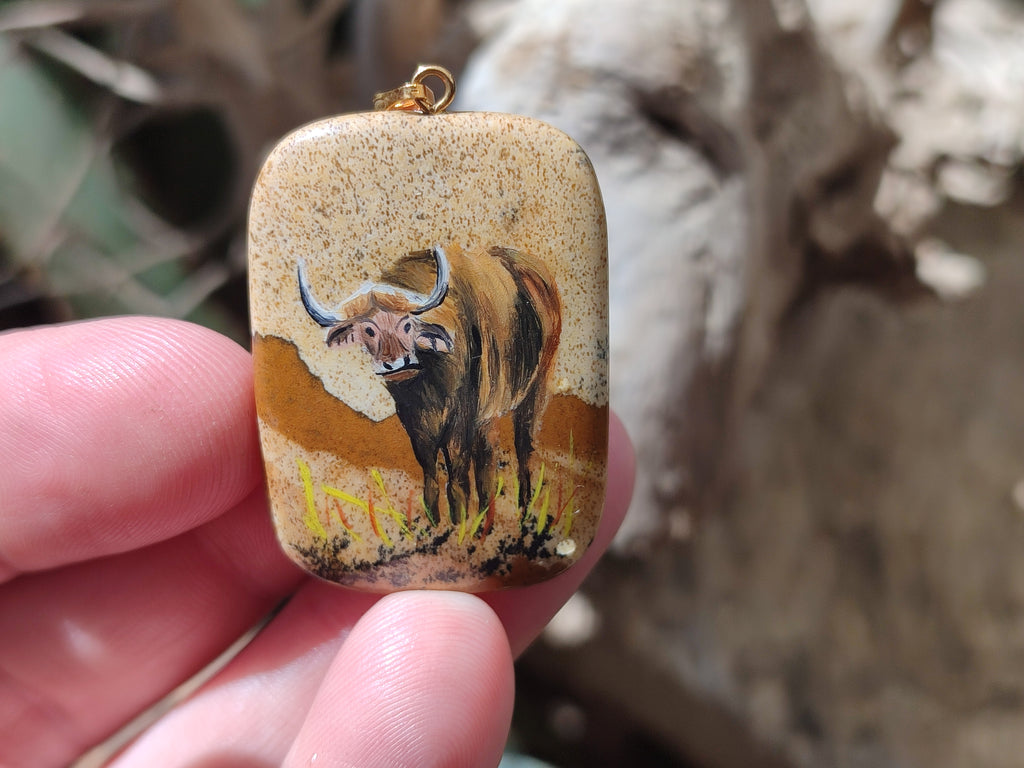 Polished Picture Stone Pendant with Hand Painted Buffalo - Sold Per Item - From Namibia - Toprock Gemstones and Minerals 