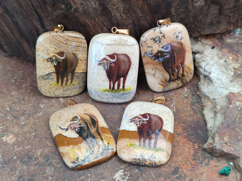 Polished Picture Stone Pendant with Hand Painted Buffalo - Sold Per Item - From Namibia - Toprock Gemstones and Minerals 