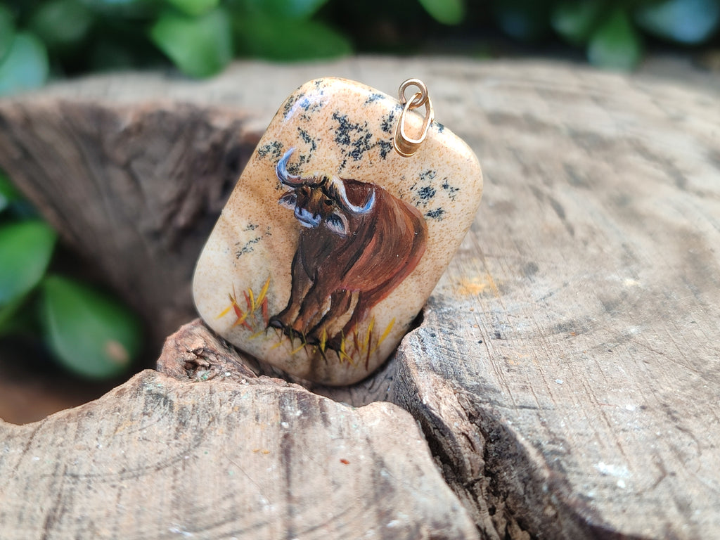 Polished Picture Stone Pendant with Hand Painted Buffalo - Sold Per Item - From Namibia - Toprock Gemstones and Minerals 