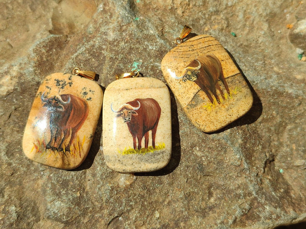 Polished Picture Stone Pendant with Hand Painted Buffalo - Sold Per Item - From Namibia - Toprock Gemstones and Minerals 
