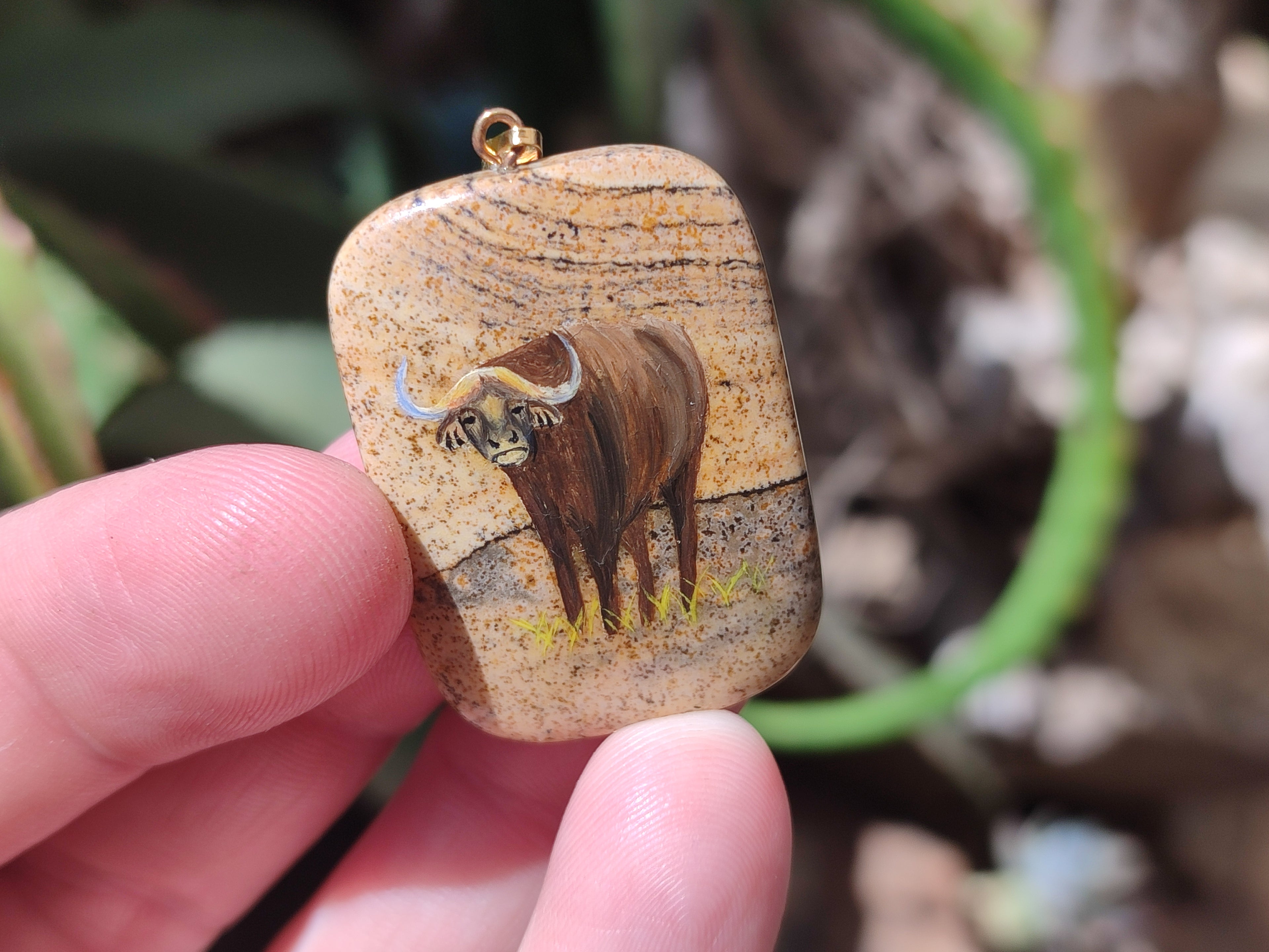 Polished Picture Stone Pendant with Hand Painted Buffalo - Sold Per Item - From Namibia - Toprock Gemstones and Minerals 