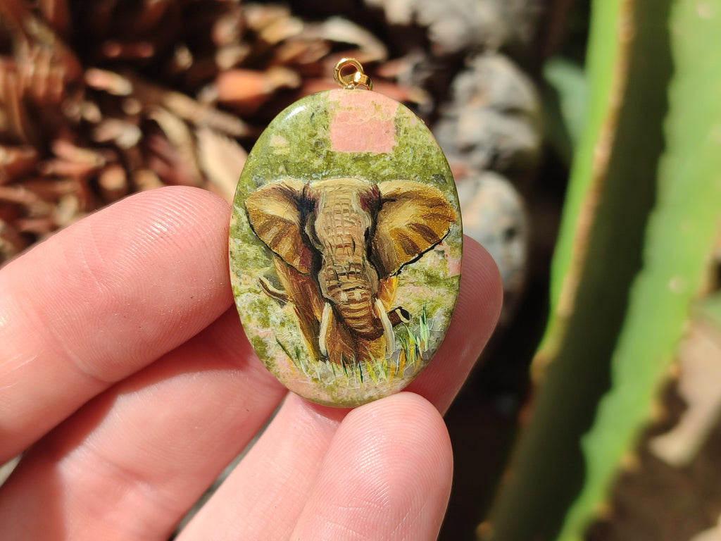 Polished Unakite Pendant with Hand Painted Elephant - Sold Per Item - From South Africa - Toprock Gemstones and Minerals 
