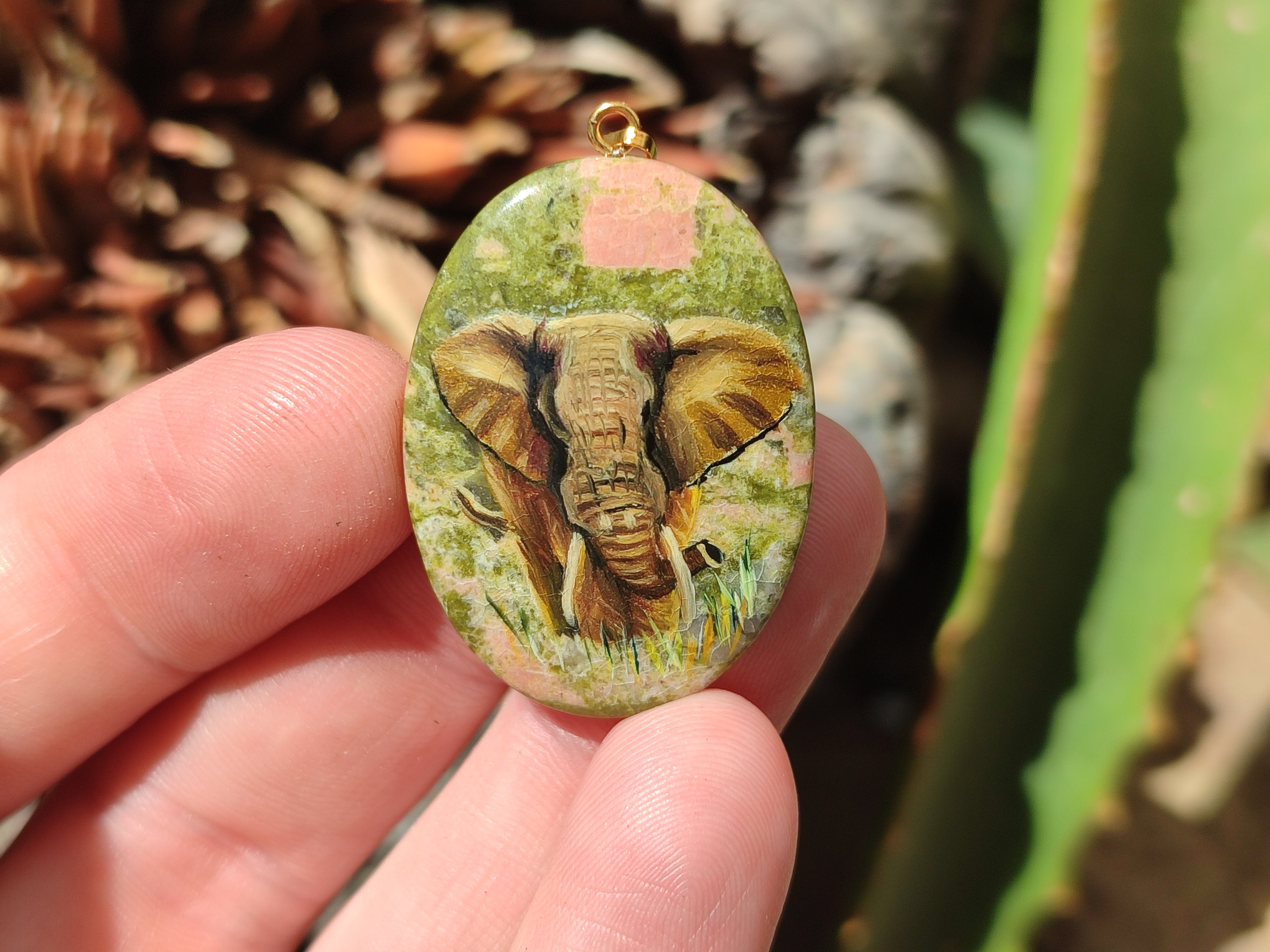 Polished Unakite Pendant with Hand Painted Elephant - Sold Per Item - From South Africa - Toprock Gemstones and Minerals 