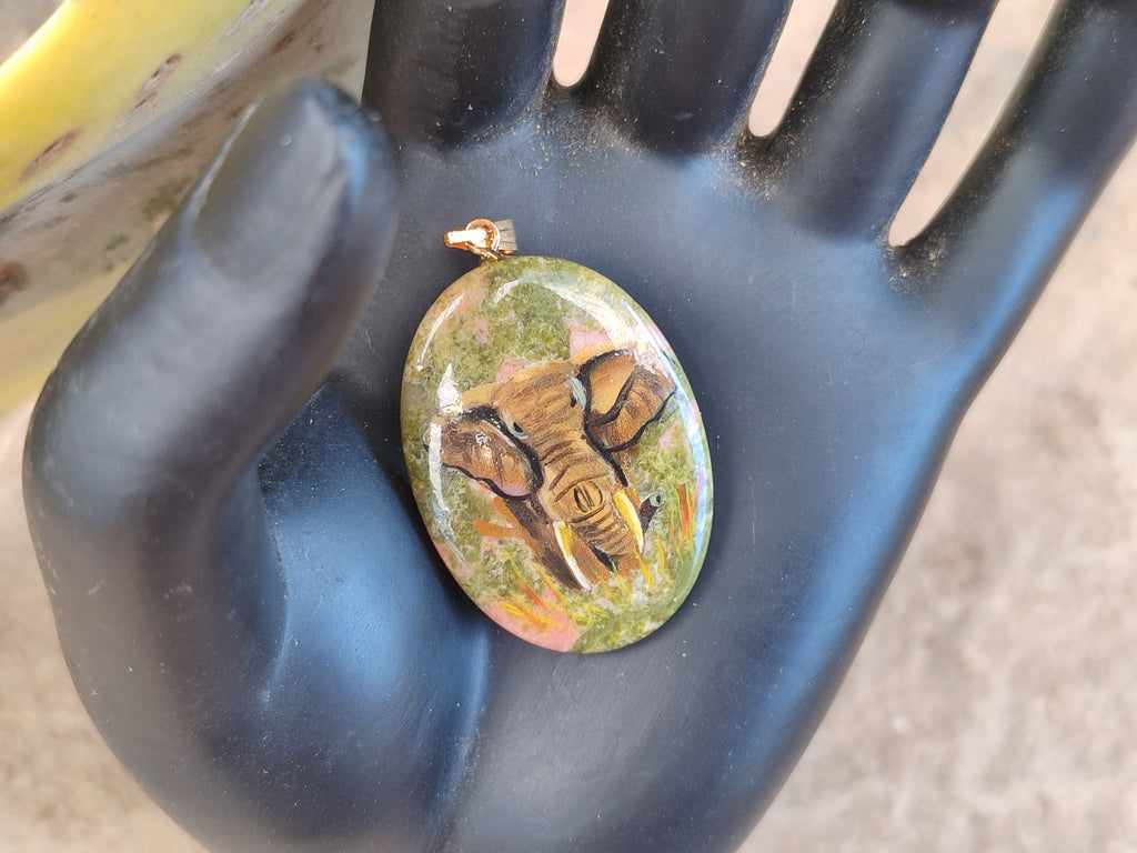Polished Unakite Pendant with Hand Painted Elephant - Sold Per Item - From South Africa - Toprock Gemstones and Minerals 