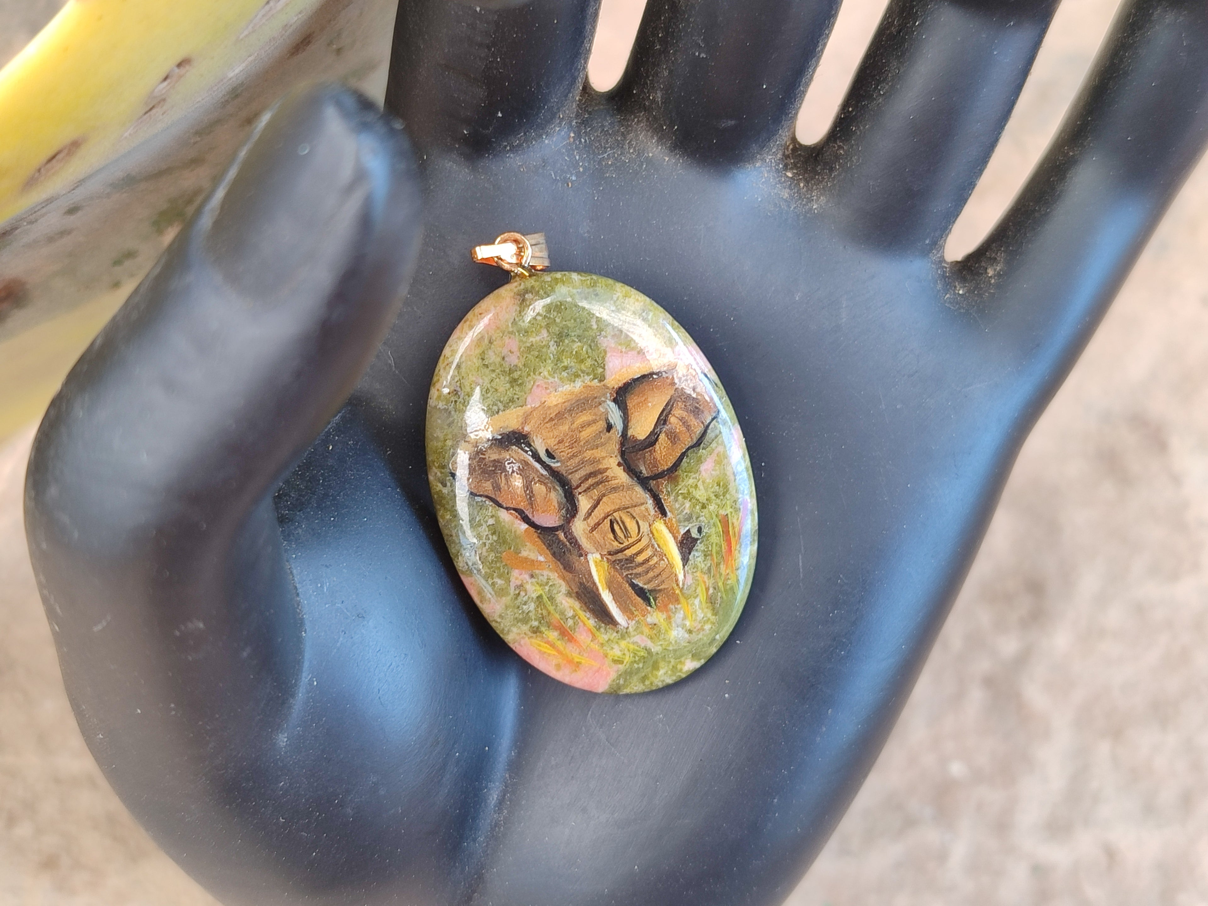 Polished Unakite Pendant with Hand Painted Elephant - Sold Per Item - From South Africa - Toprock Gemstones and Minerals 
