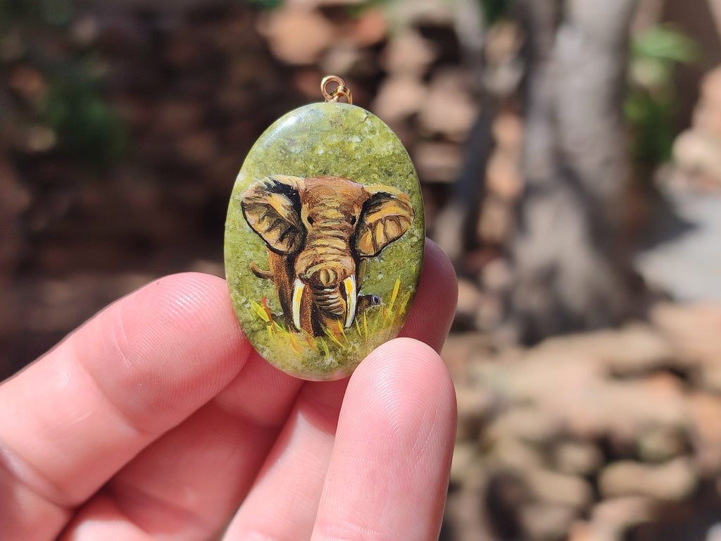 Polished Unakite Pendant with Hand Painted Elephant - Sold Per Item - From South Africa - Toprock Gemstones and Minerals 