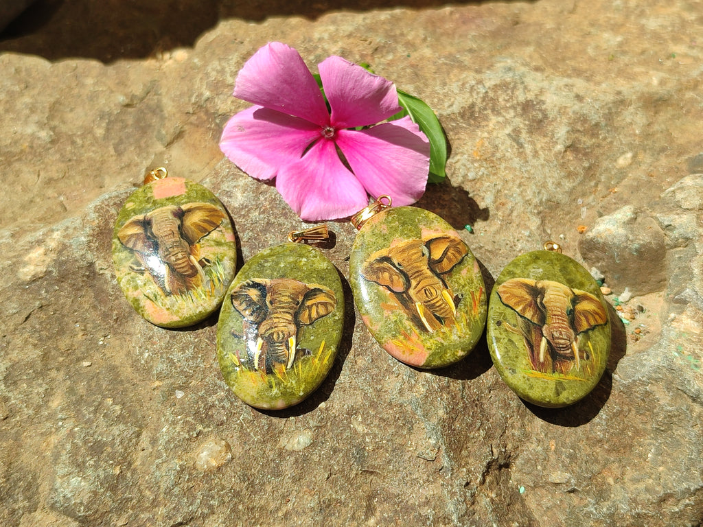 Polished Unakite Pendant with Hand Painted Elephant - Sold Per Item - From South Africa - Toprock Gemstones and Minerals 