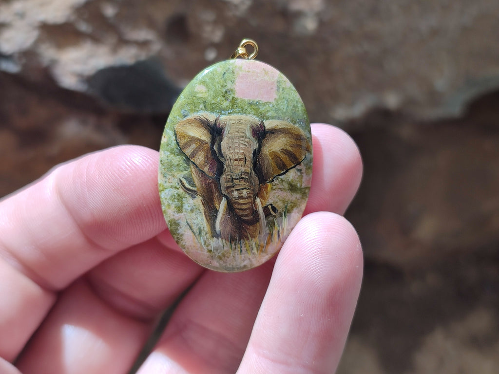 Polished Unakite Pendant with Hand Painted Elephant - Sold Per Item - From South Africa - Toprock Gemstones and Minerals 