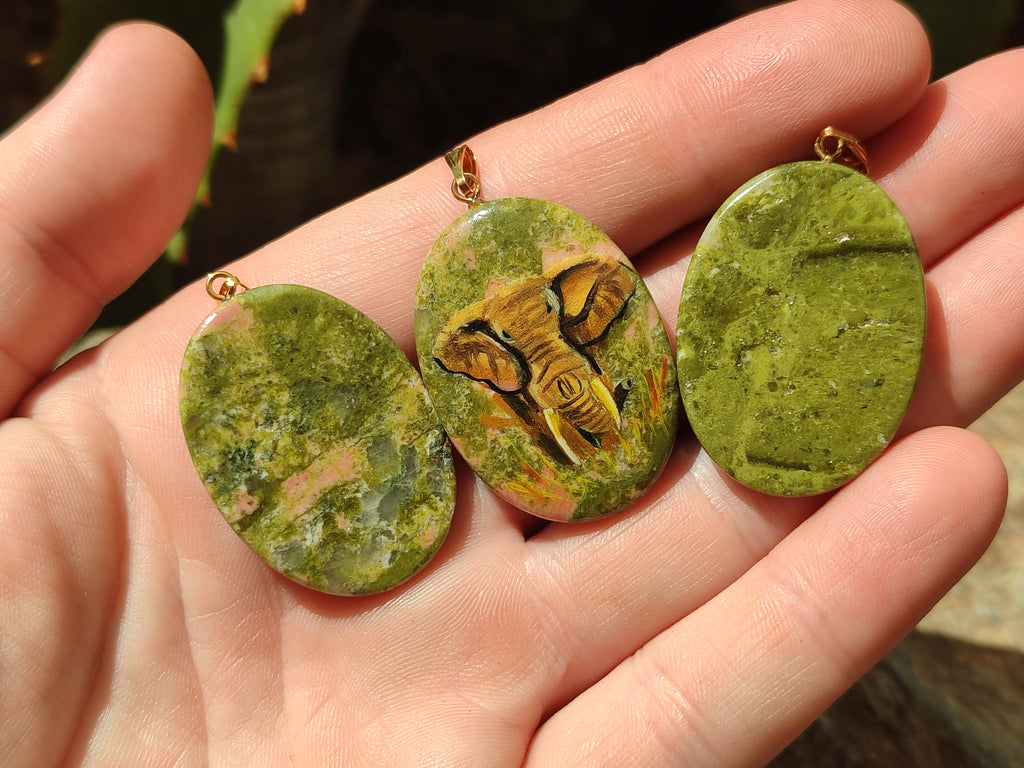 Polished Unakite Pendant with Hand Painted Elephant - Sold Per Item - From South Africa - Toprock Gemstones and Minerals 