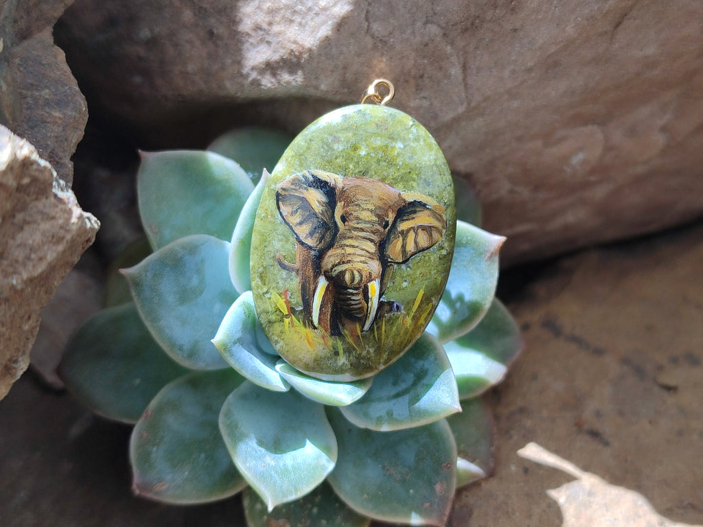 Polished Unakite Pendant with Hand Painted Elephant - Sold Per Item - From South Africa - Toprock Gemstones and Minerals 