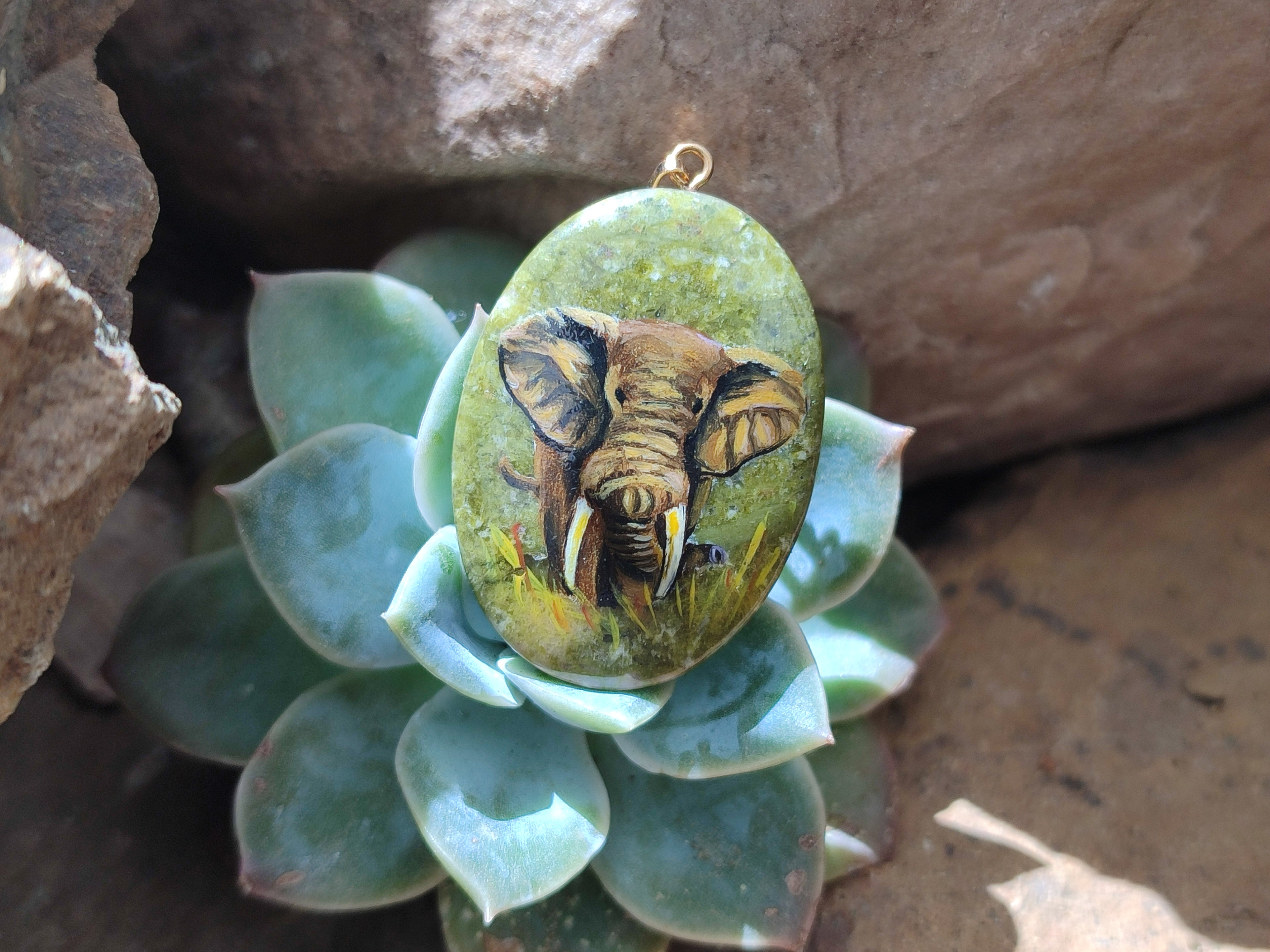 Polished Unakite Pendant with Hand Painted Elephant - Sold Per Item - From South Africa - Toprock Gemstones and Minerals 