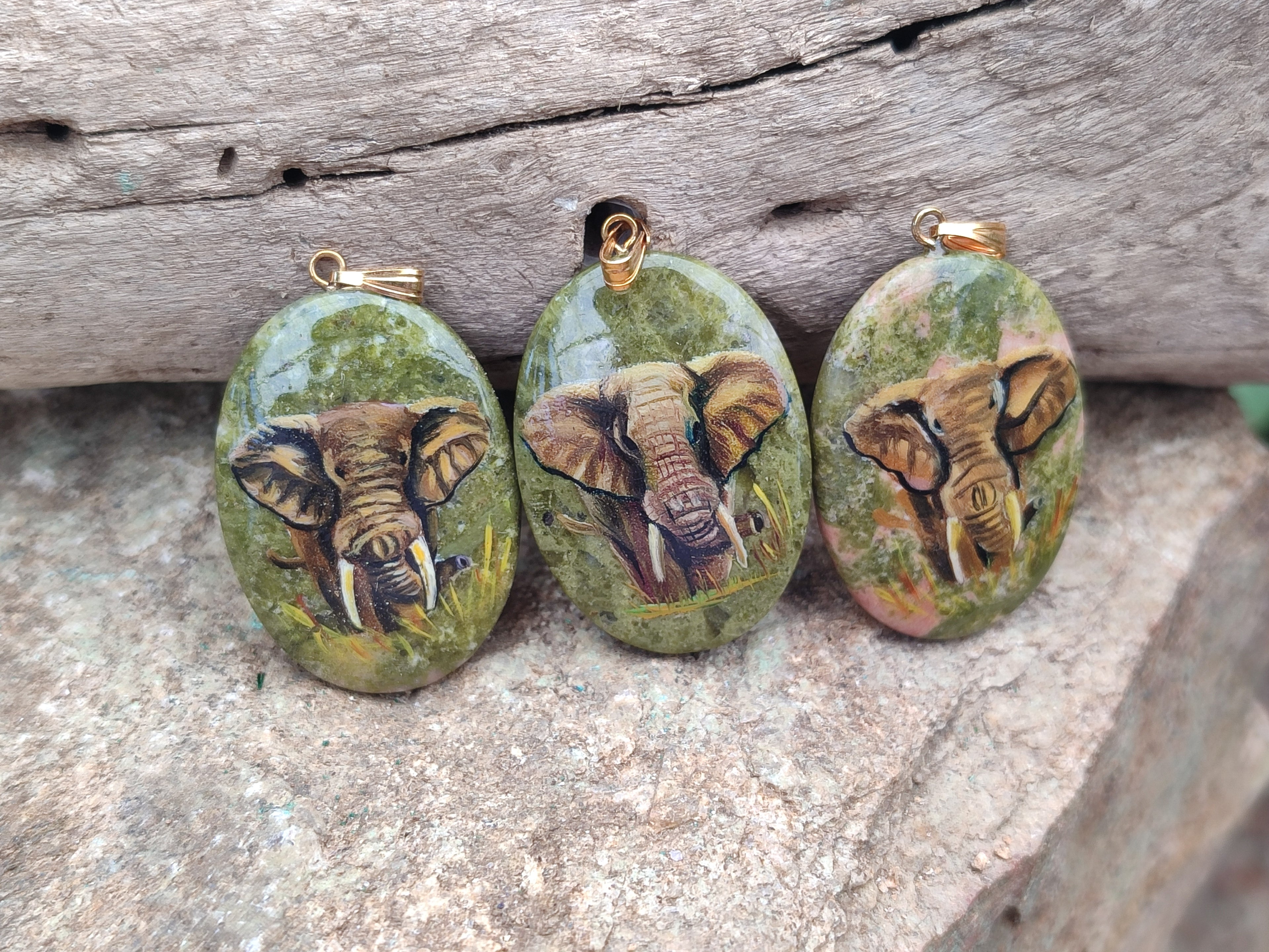 Polished Unakite Pendant with Hand Painted Elephant - Sold Per Item - From South Africa - Toprock Gemstones and Minerals 