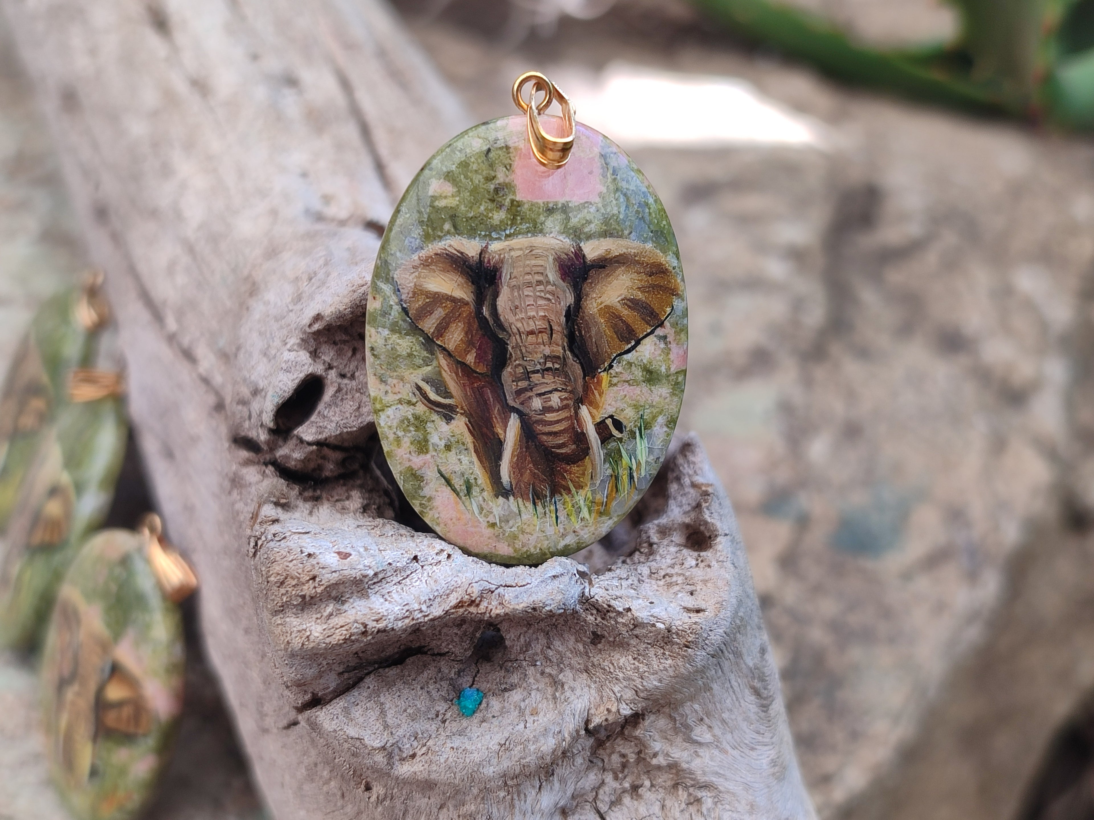 Polished Unakite Pendant with Hand Painted Elephant - Sold Per Item - From South Africa - Toprock Gemstones and Minerals 