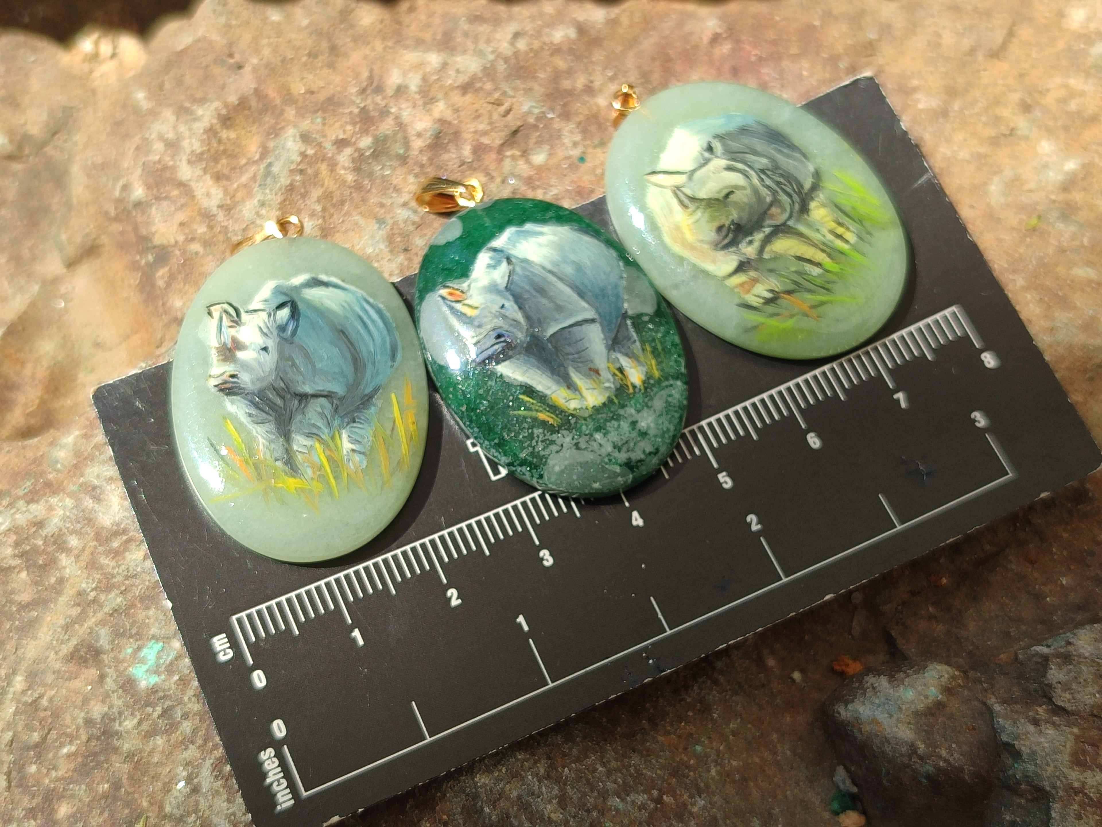 Polished Aventurine Pendant with Hand Painted Rhino - Sold Per Item - From Zimbabwe - Toprock Gemstones and Minerals 